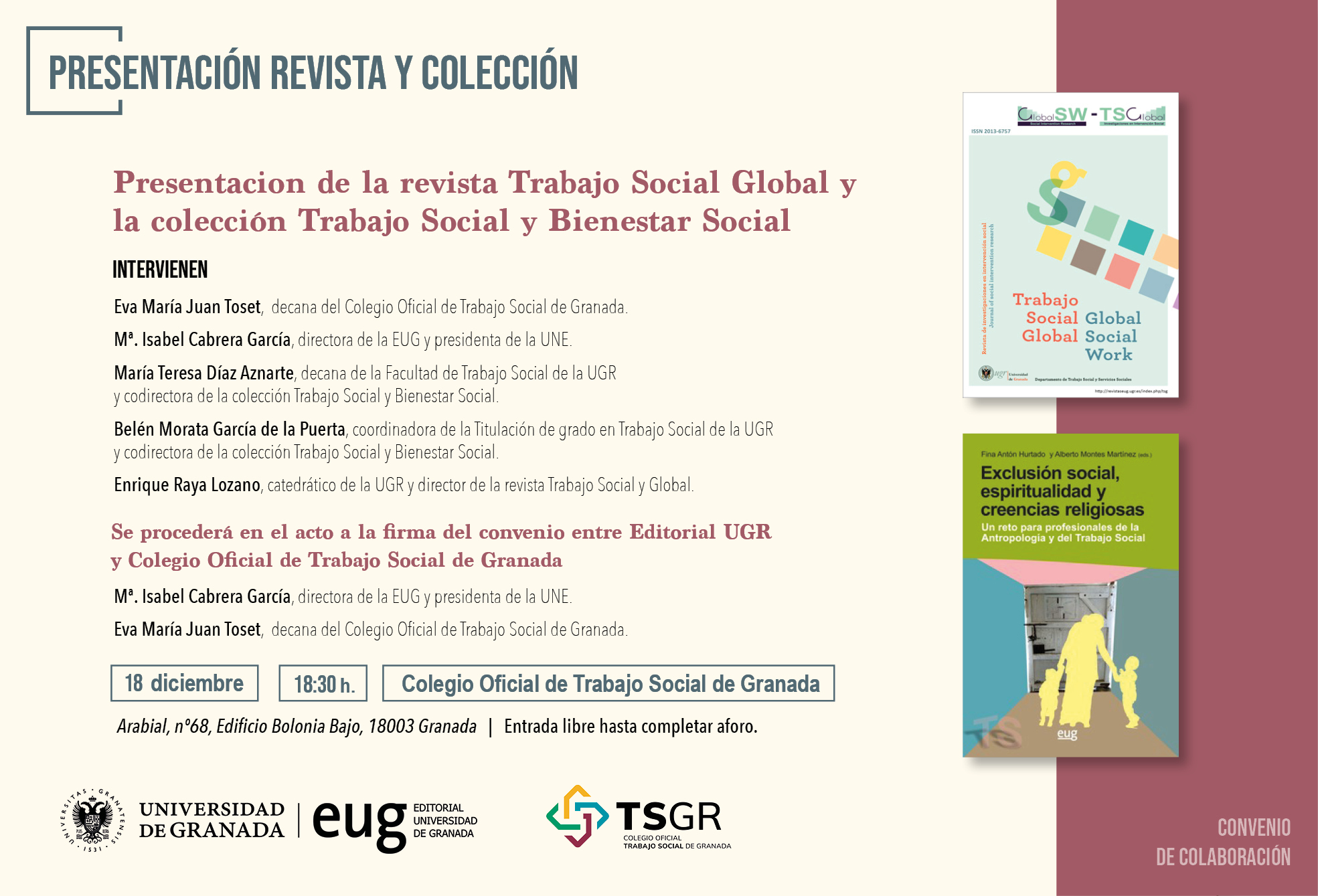 El COTS invita a sus colegiados y colegiadas a la presentación de la revista TSGlobal y B. Social y la firma de convenio con Editorial UGR