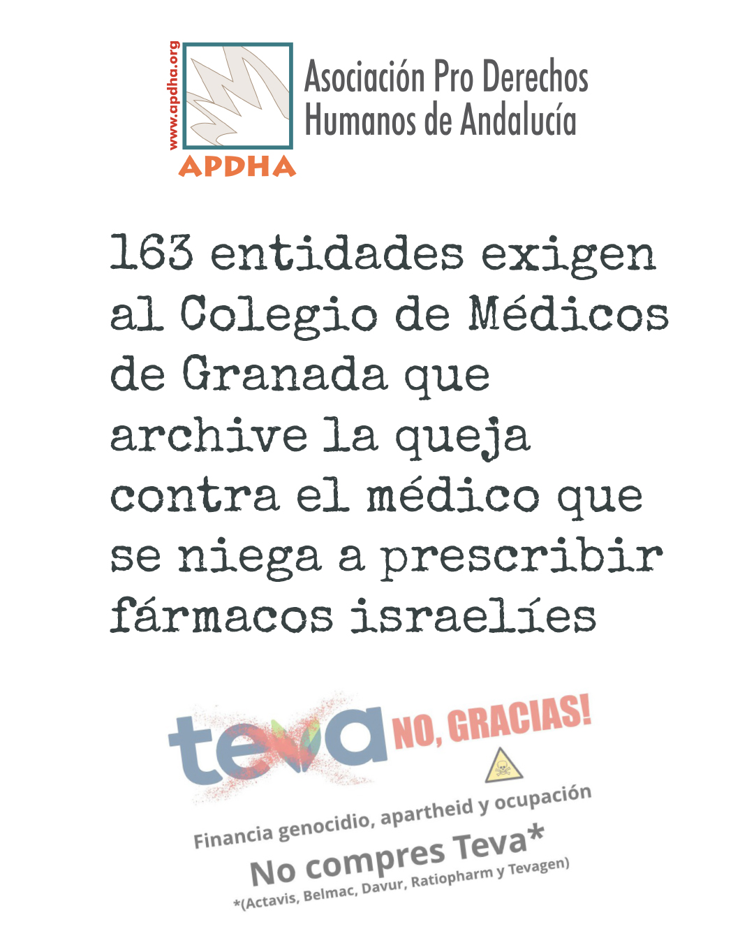 El Colegio apoya al médico granadino que se opone a recetar a una farmacéutica israelí colonialista